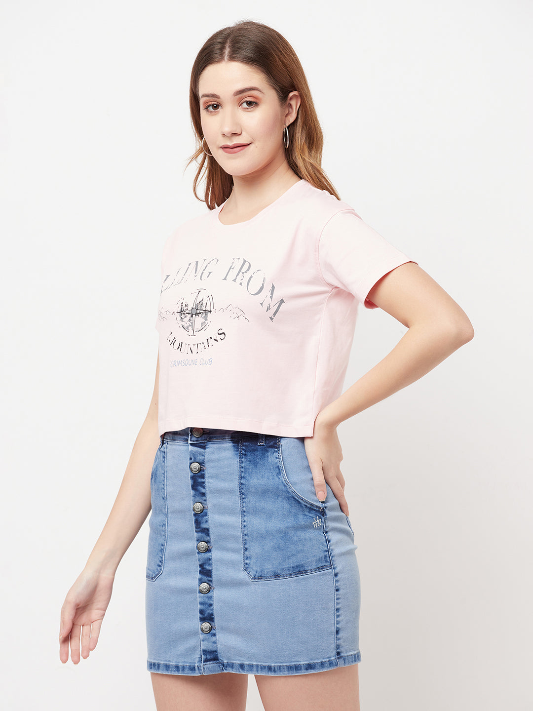 Pink Printed Round Neck Cropped T-Shirt - Women T-Shirts