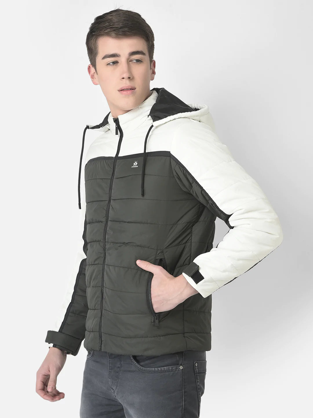  Olive Green Colour-Blocked Padded Jacket 