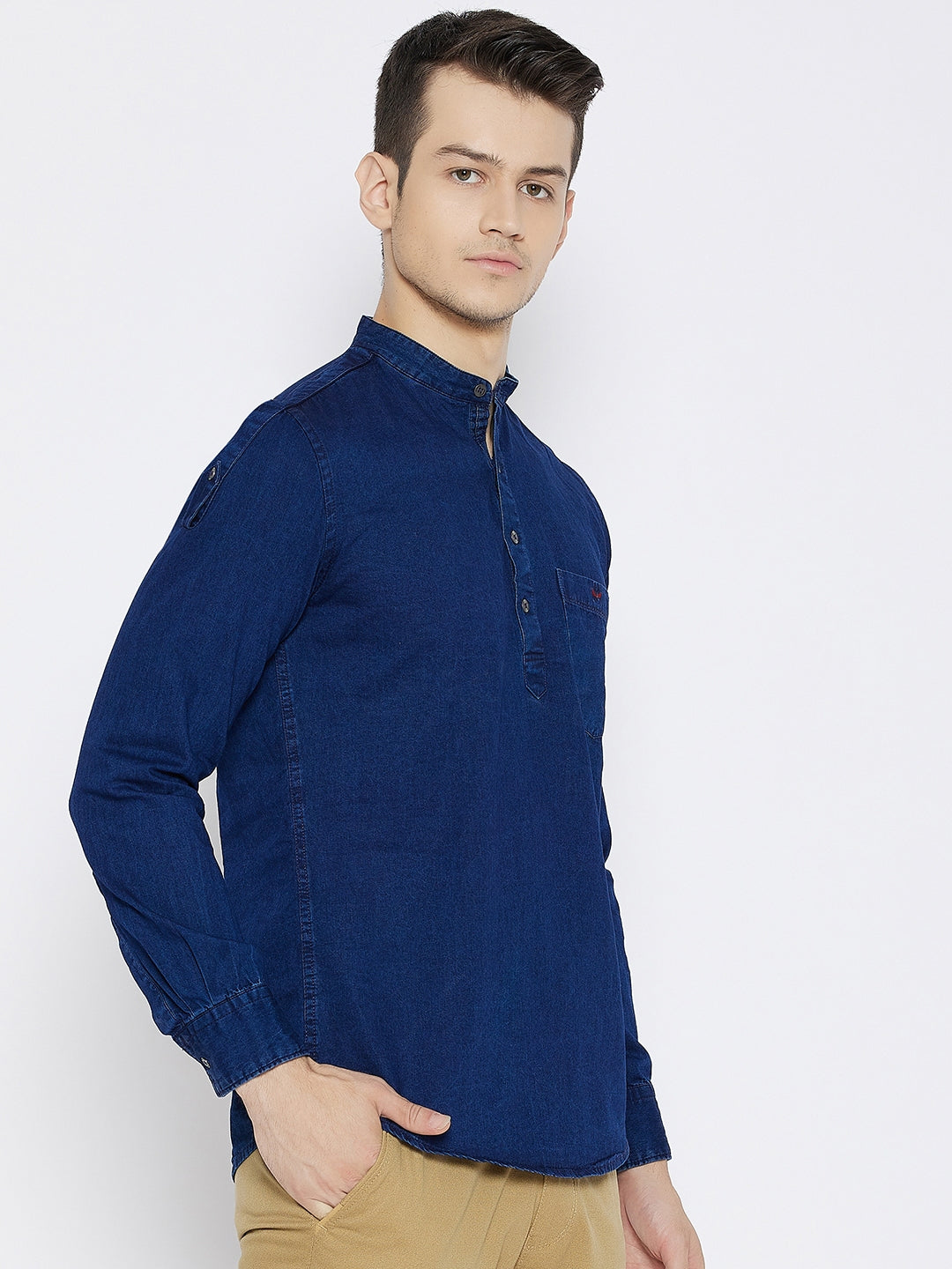 Navy Blue Slim Fit Denim Kurta - Men Kurtas