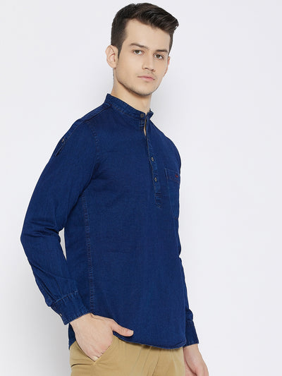Navy Blue Slim Fit Denim Kurta - Men Kurtas