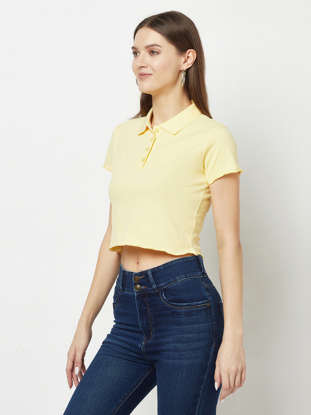 Pale Yellow Cropped Polo T-Shirt-Women T-Shirts-Crimsoune Club