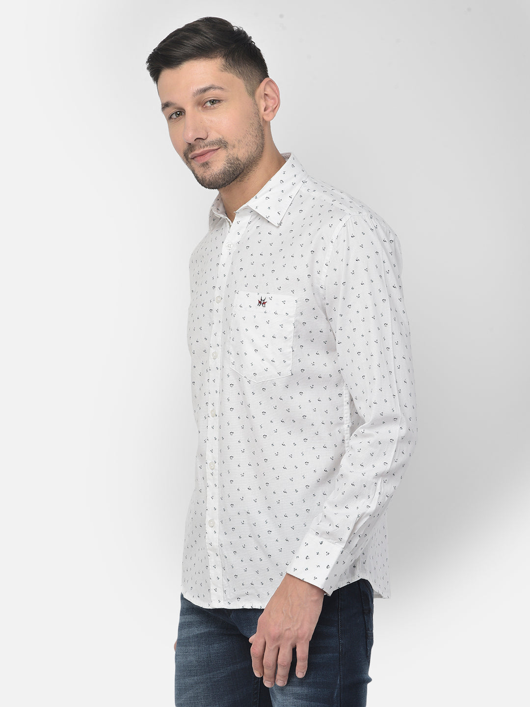 White Printed Spread Collar Shirt - Men Shirts