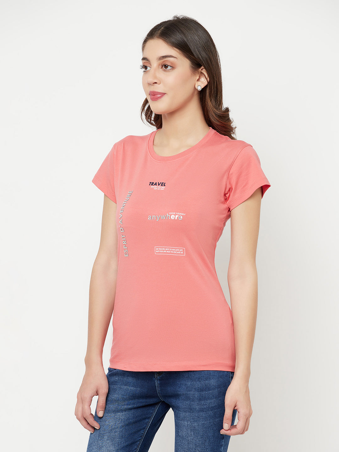 Pink Printed Round Neck T-Shirt - Women T-Shirts