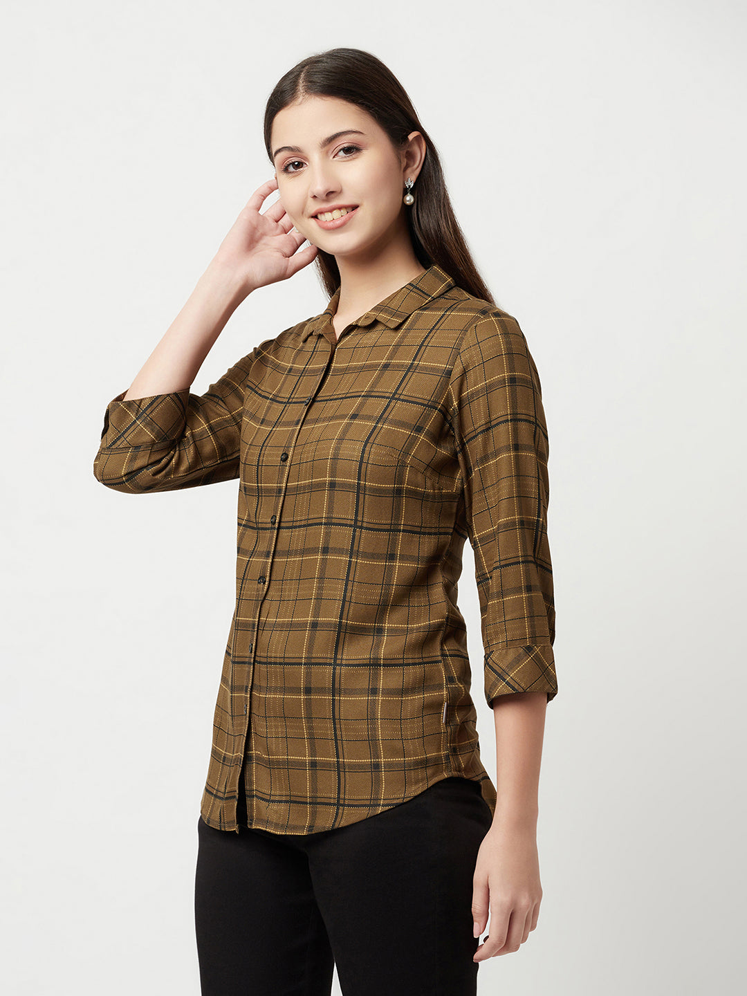 Brown Tartan Checked Shirt-Women Shirts-Crimsoune Club