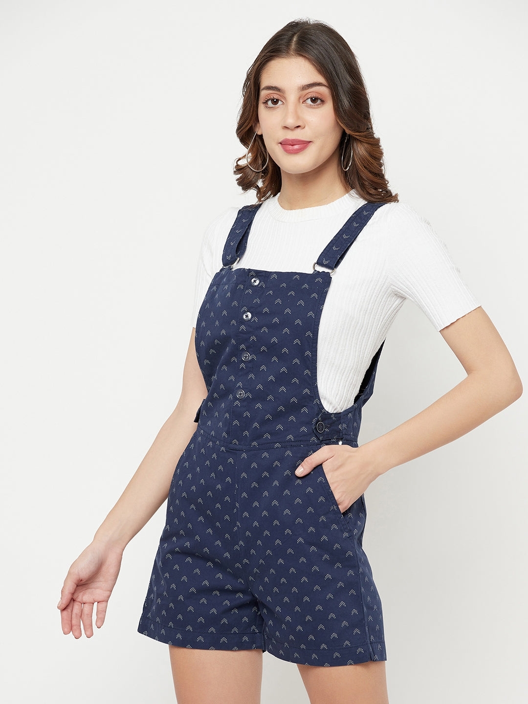 Navy Blue Printed Dungarees-Women Dungarees-Crimsoune Club