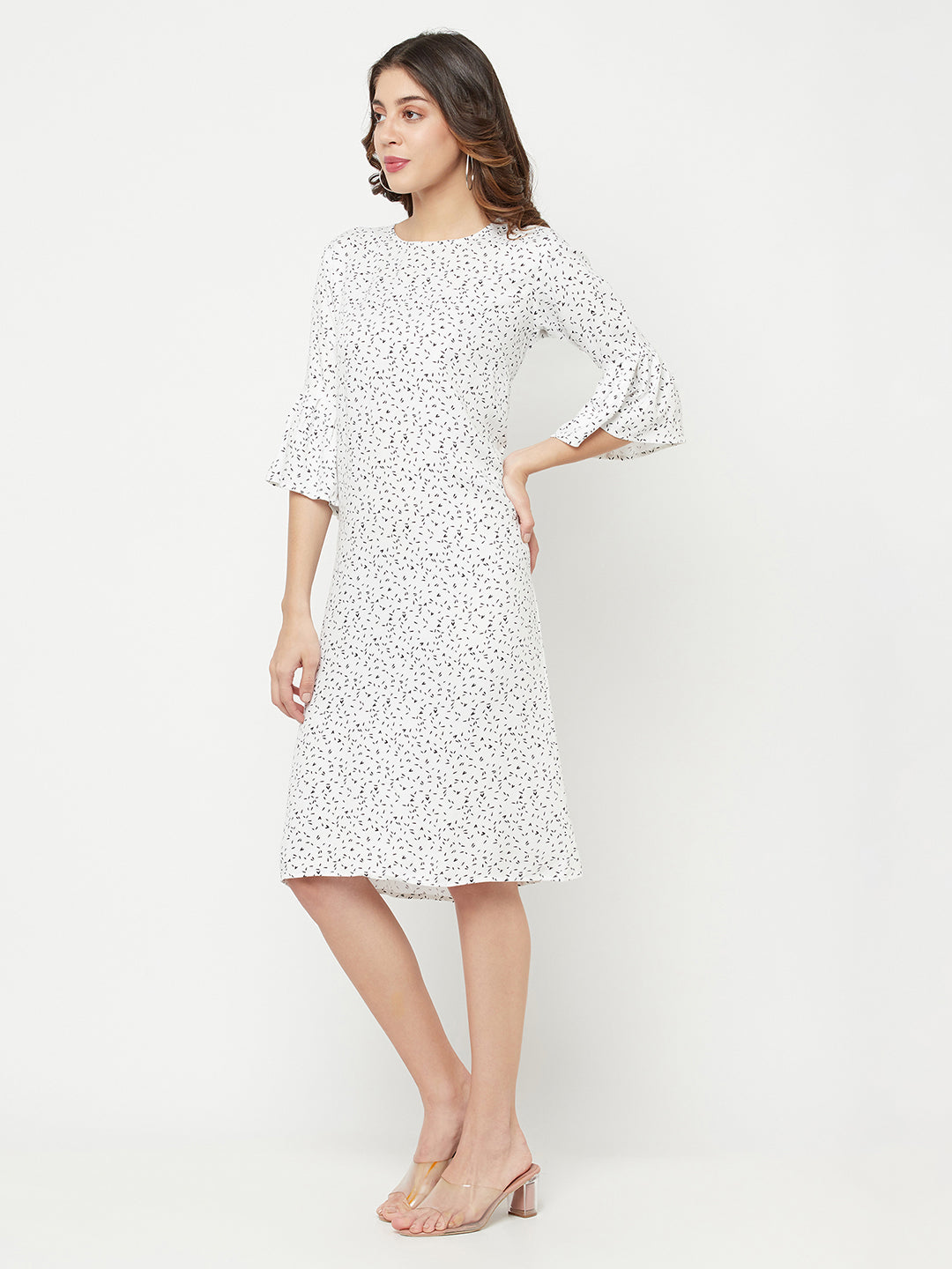 White Printed Round Neck Dress - Women Dresses