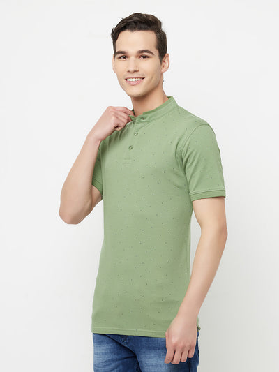 Olive Printed Mandarin Collar T-Shirt - Men T-Shirts