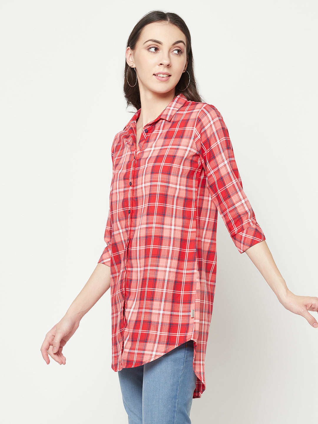  Red Checked Longline Shirt