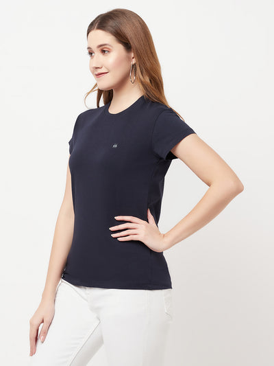 Navy Blue Round Neck T-Shirt - Women T-Shirts