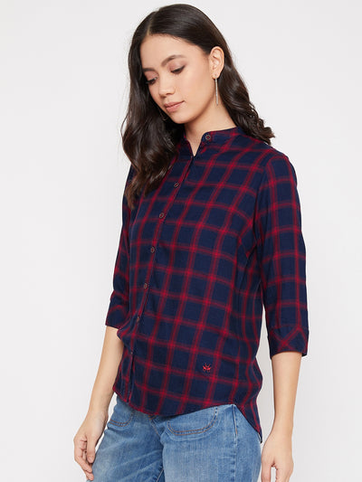 Navy Blue Checked Mandarin Collar Slim Fit Shirt - Women Shirts