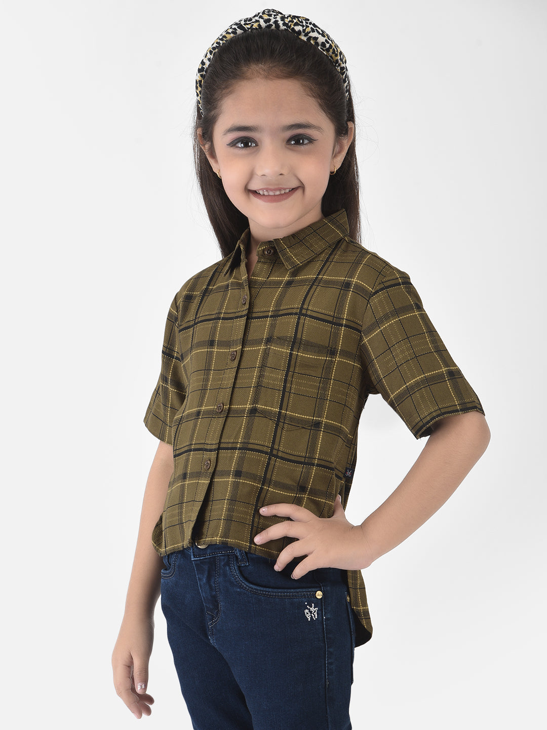 Olive Green High-Low Checked Crop Shirt - Girls Shirts