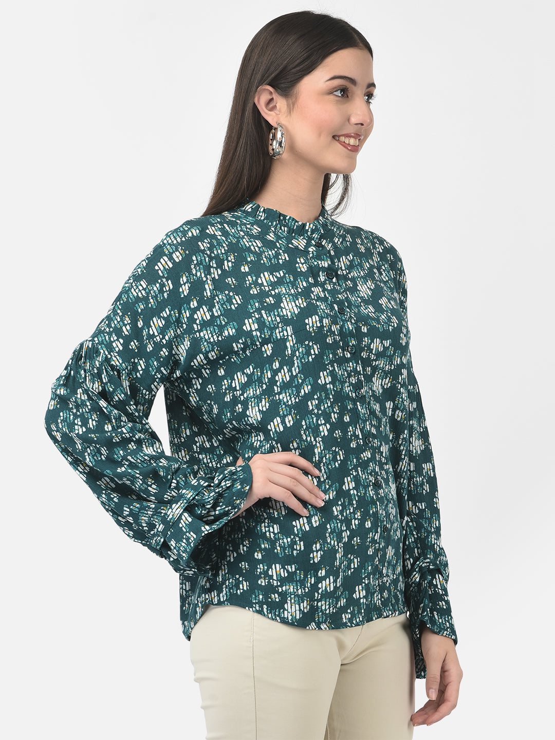 Deep Teal Floral Button-Down Top-Women Tops-Crimsoune Club