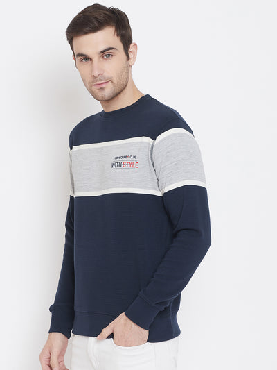 Navy Blue Colorblocked Round Neck Sweatshirt - Men Sweatshirts
