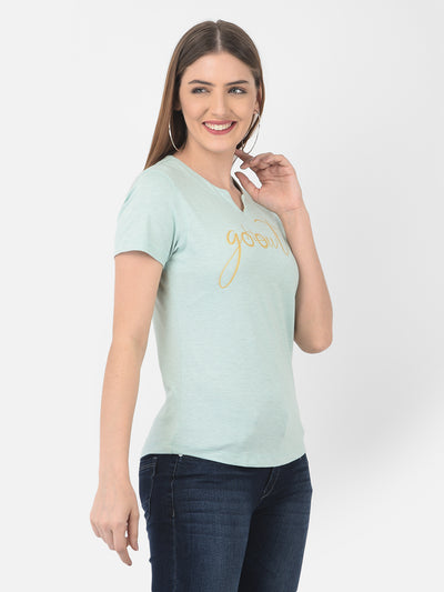Mint Green Printed Round Neck T-Shirt - Women T-Shirts