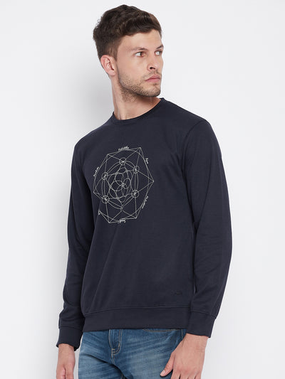 Navy Blue Printed Round Neck Sweatshirt - Men Sweatshirts