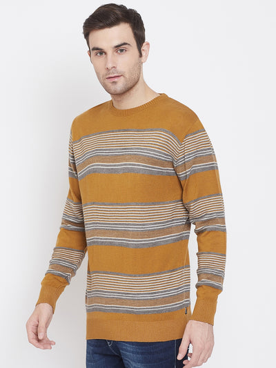 Mustard Striped Round Neck Sweater - Men Sweaters