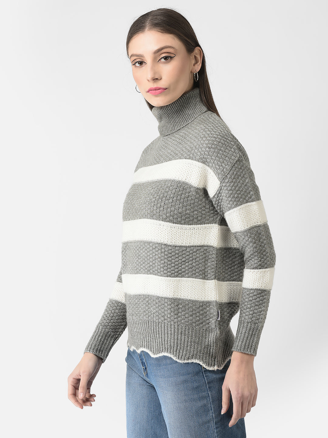  Grey Turtle-Neck Striped Sweater