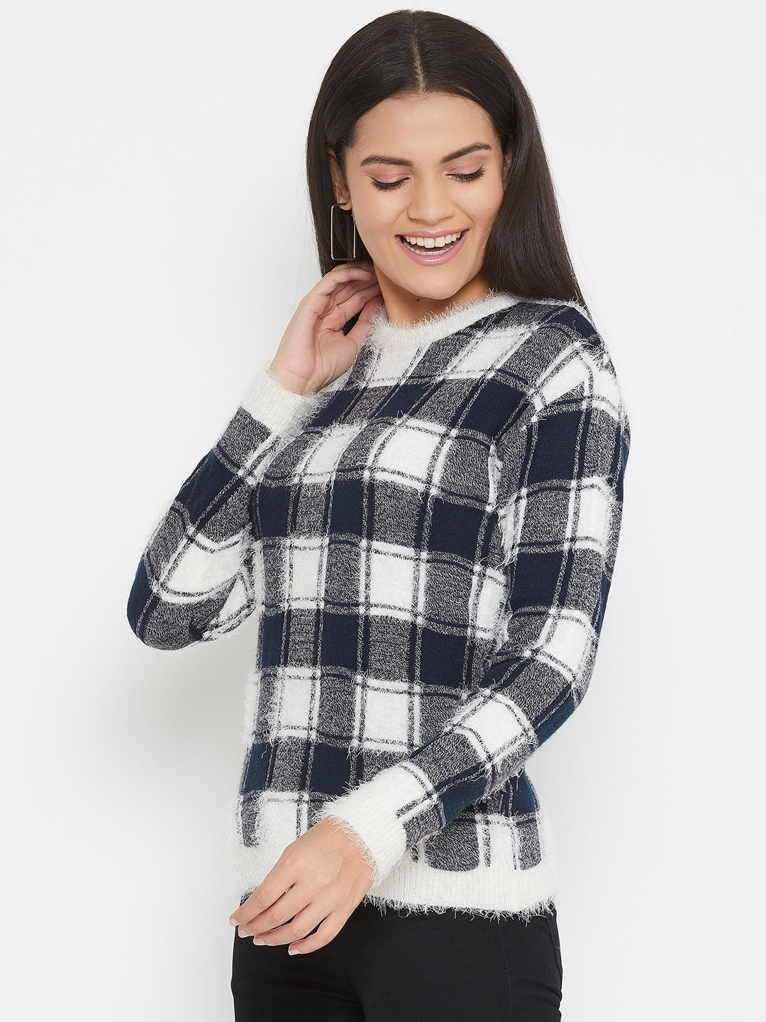 Multicolor Checked Round Neck Sweater - Women Sweaters