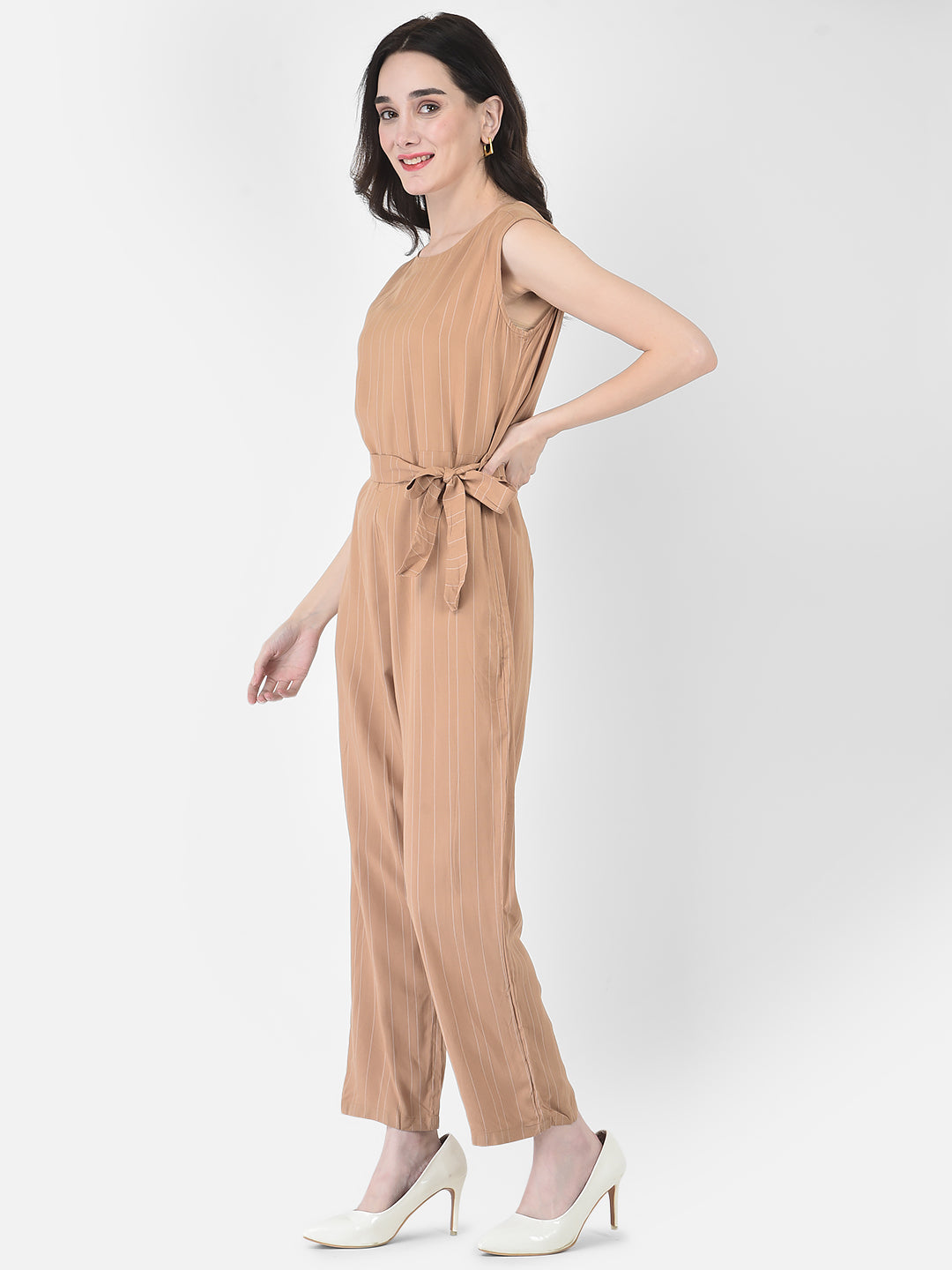 Khaki Striped Jumpsuit-Women Dungarees-Crimsoune Club