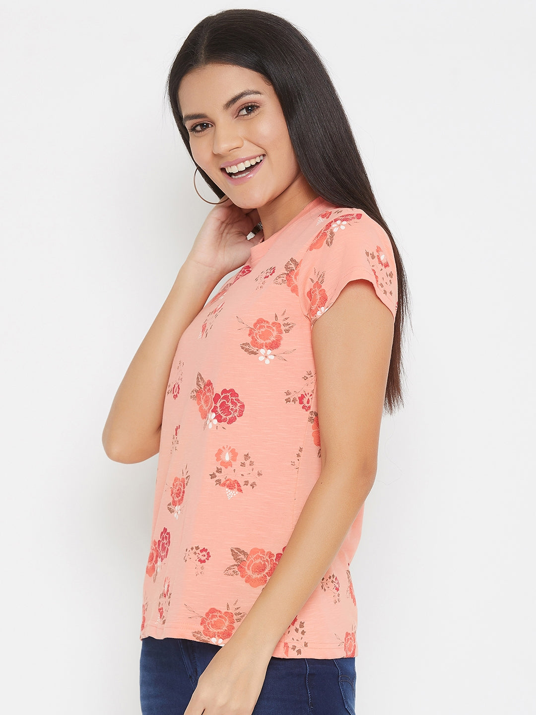 Pink Floral Round Neck T-Shirt - Women T-Shirts