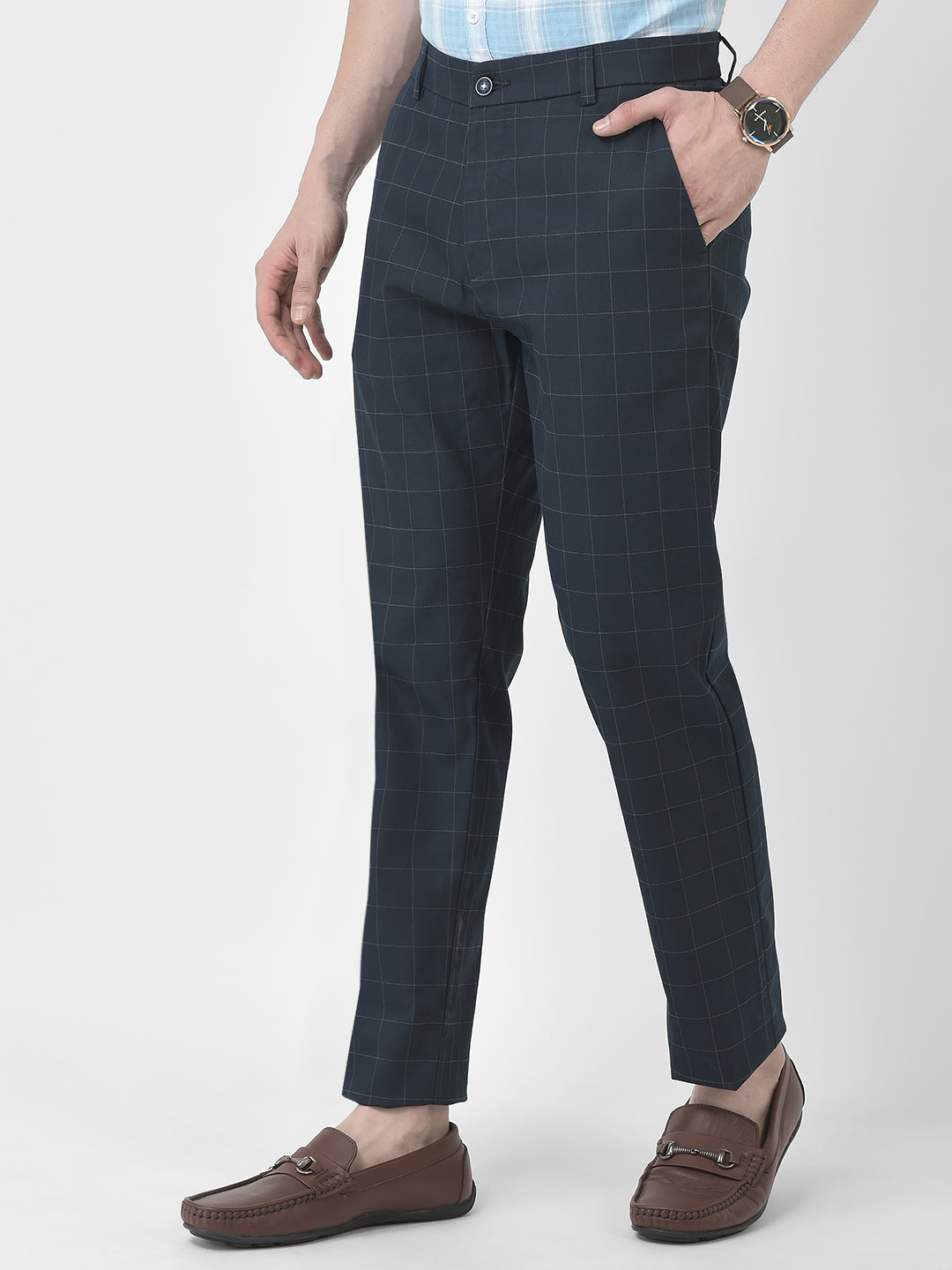 Navy Blue Checkered Trousers-Men Trousers-Crimsoune Club