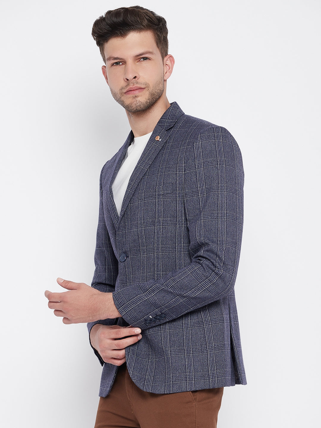 Blue Checked Notched Lapel Blazer - Men Blazers