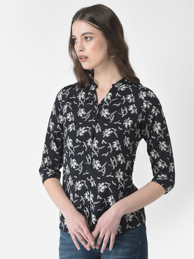  Navy-Blue High-Low Floral Shirt