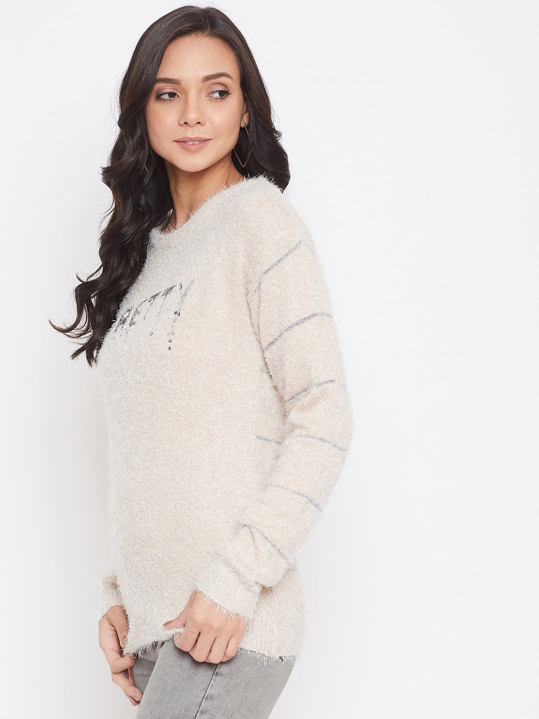 Beige Self Design Round Neck Sweater - Women Sweaters