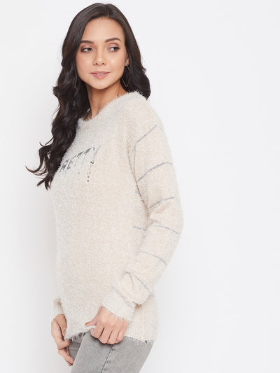 Beige Self Design Round Neck Sweater - Women Sweaters