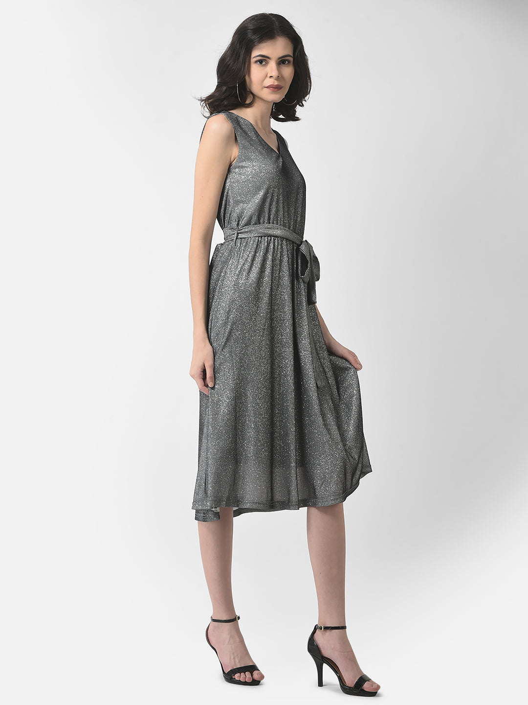 Grey Belted Shimmer Dress-Women Dresses-Crimsoune Club