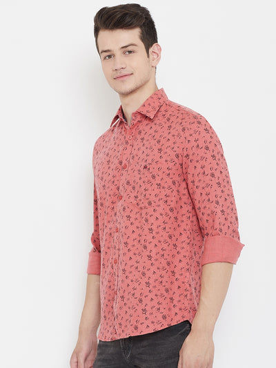 Pink Printed Spread Collar Slim Fit Shirt - Men Shirts