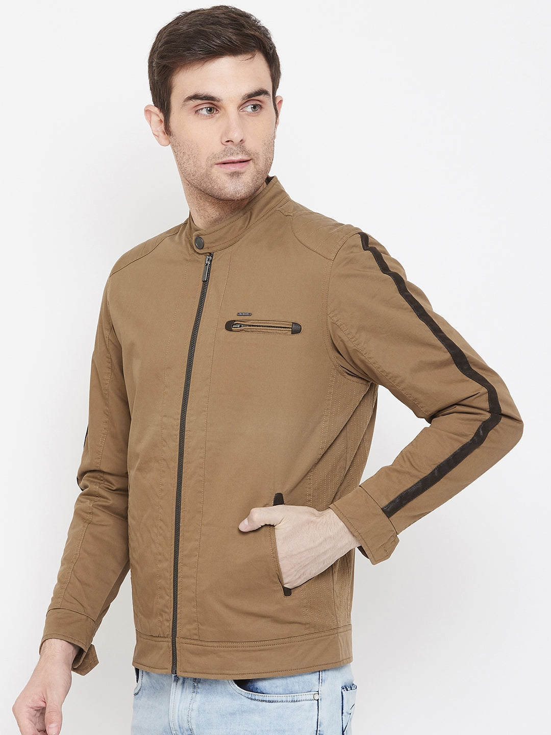 Brown Solid Mandarin Collar Jackets-Mens Jacket-Crimsoune Club