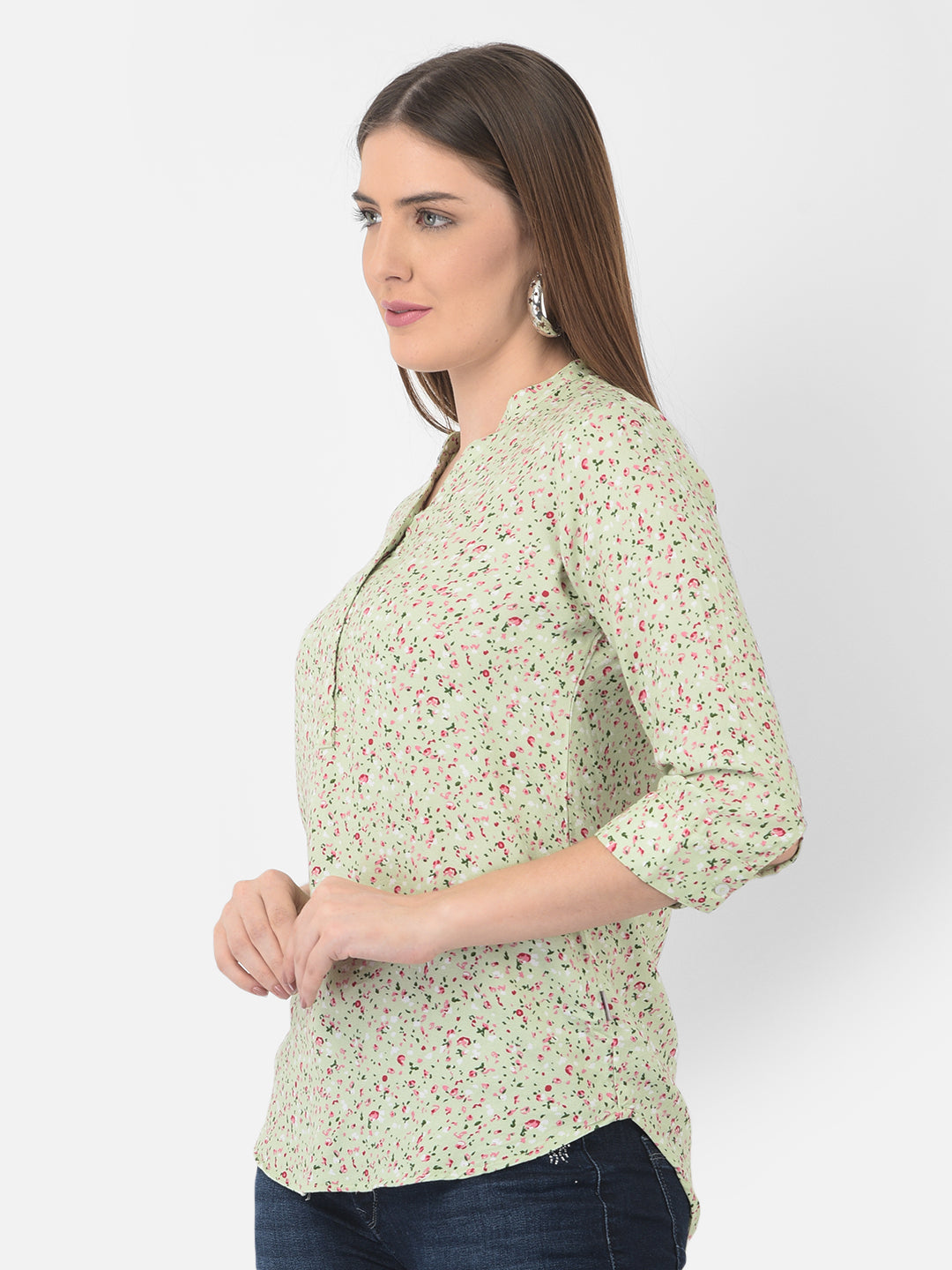 Green Floral Printed Mandarin Collar Top - Apparel & Accessories