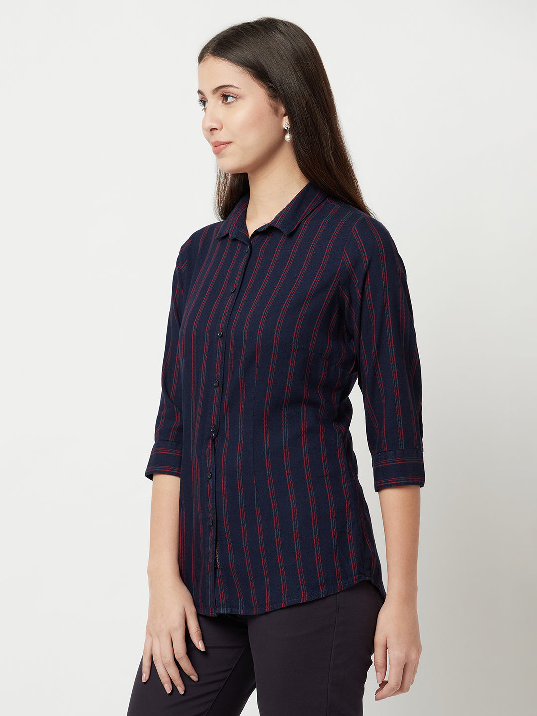 Navy Blue Striped Shirt-Women Shirts-Crimsoune Club