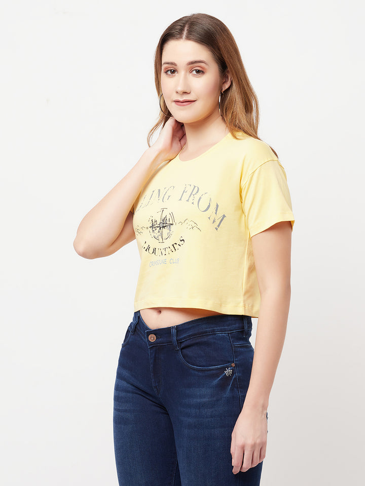 Yellow Printed Round Neck Cropped T-Shirt - Women T-Shirts