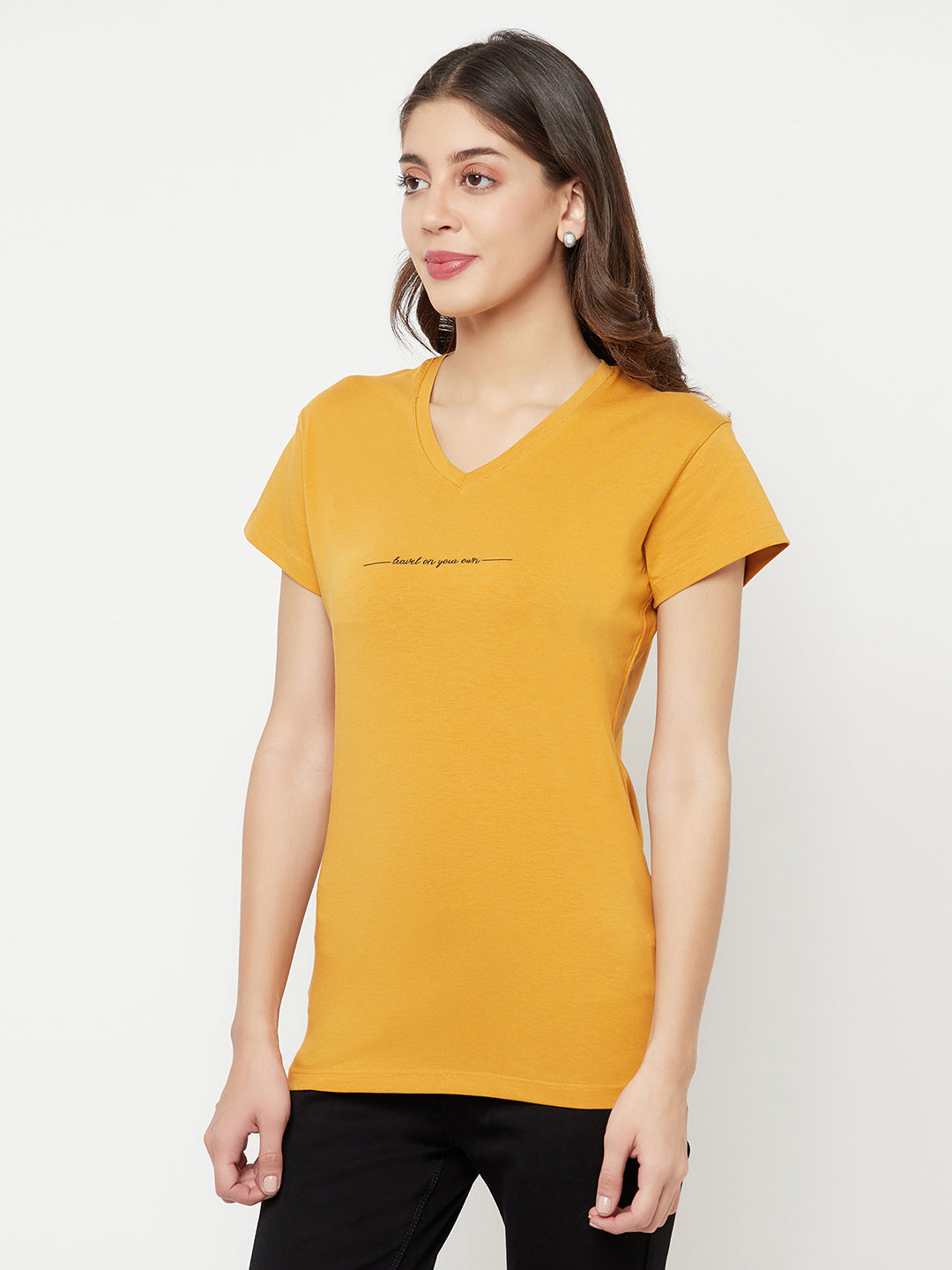 Mustard Printed V-Neck T-Shirt - Women T-Shirts