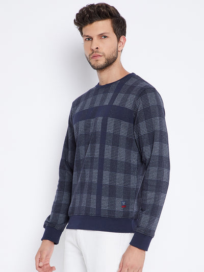 Navy Blue Checked Round Neck Sweatshirt - Men Sweatshirts