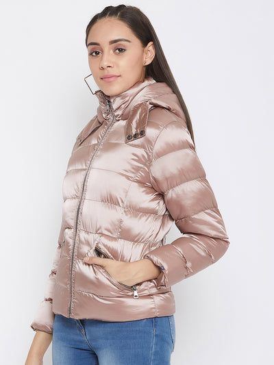 Brown Solid Hooded Jackets-Women Jackets-Crimsoune Club