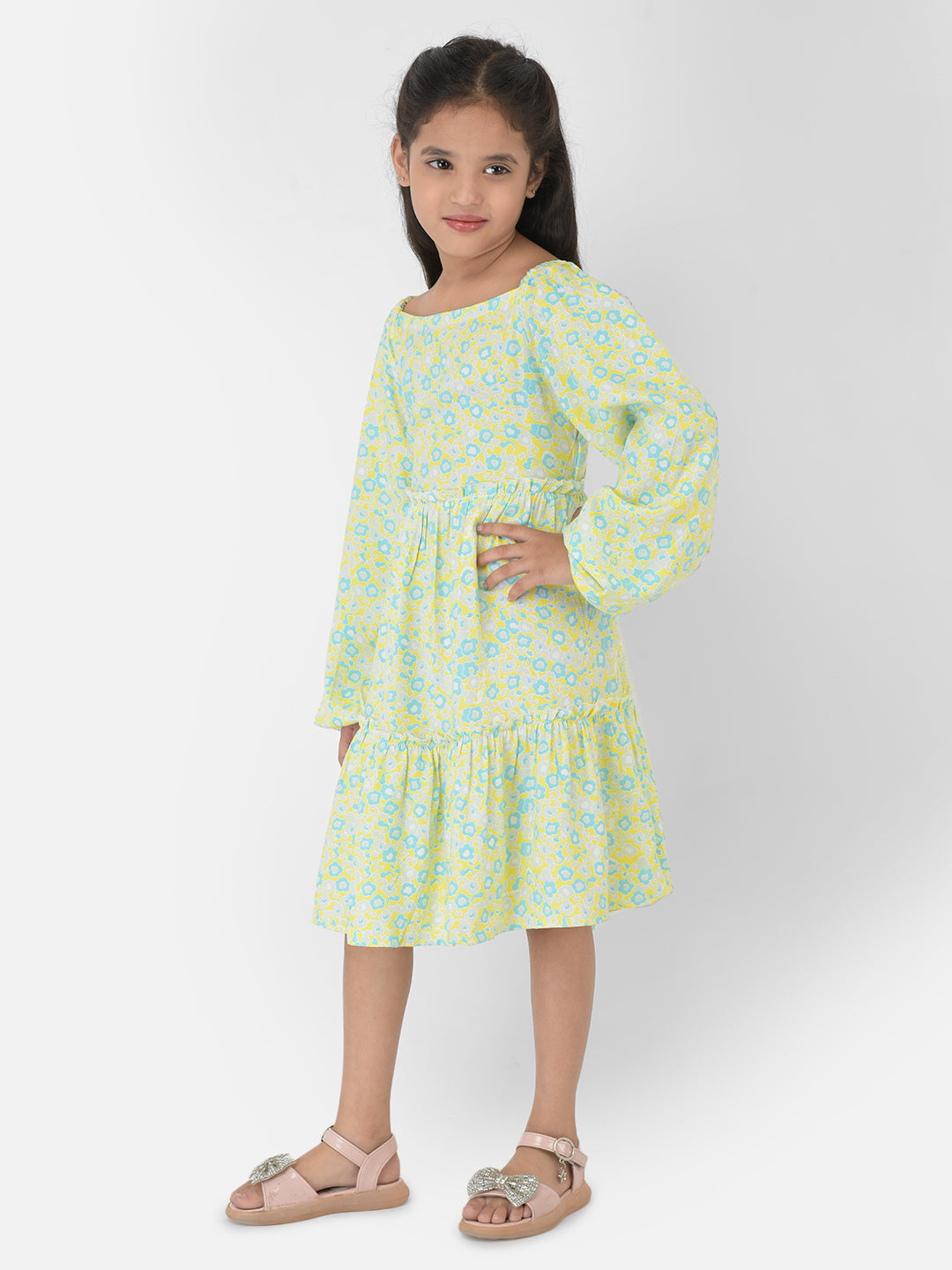 Green Floral Printed Dress - Girls Dress