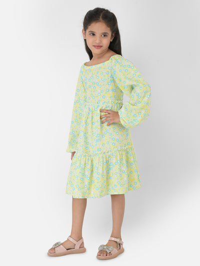 Green Floral Printed Dress - Girls Dress