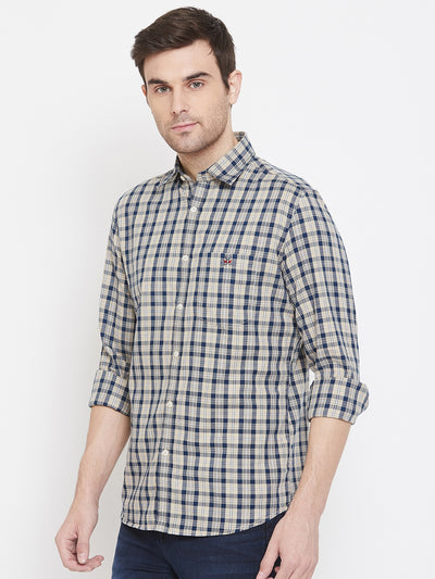 Beige Checked Spread Collar Slim Fit Shirt - Men Shirts