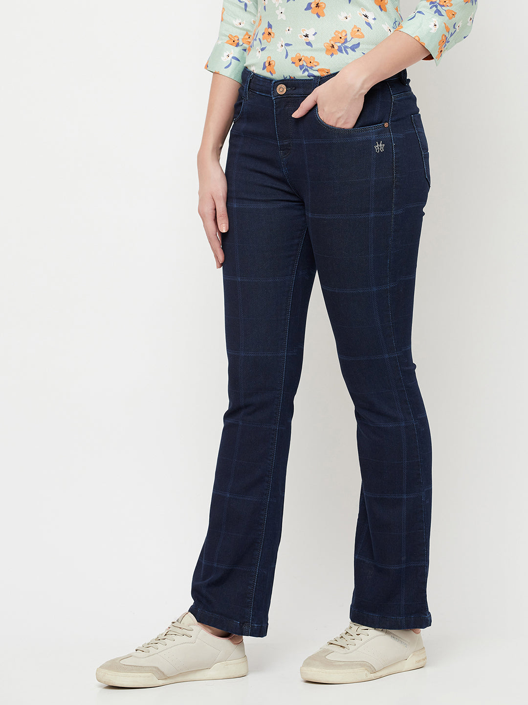 Navy Blue Checked Boot Cut Jeans - Women Jeans