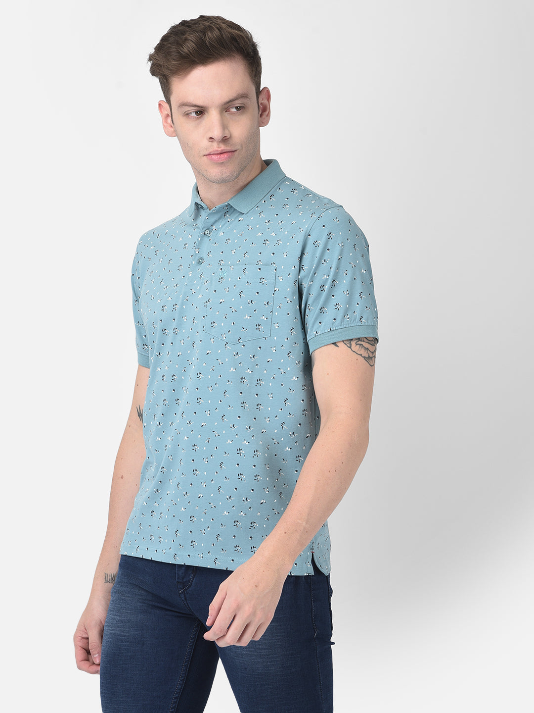 Light Blue Floral Polo T-Shirt-Men T-Shirts-Crimsoune Club