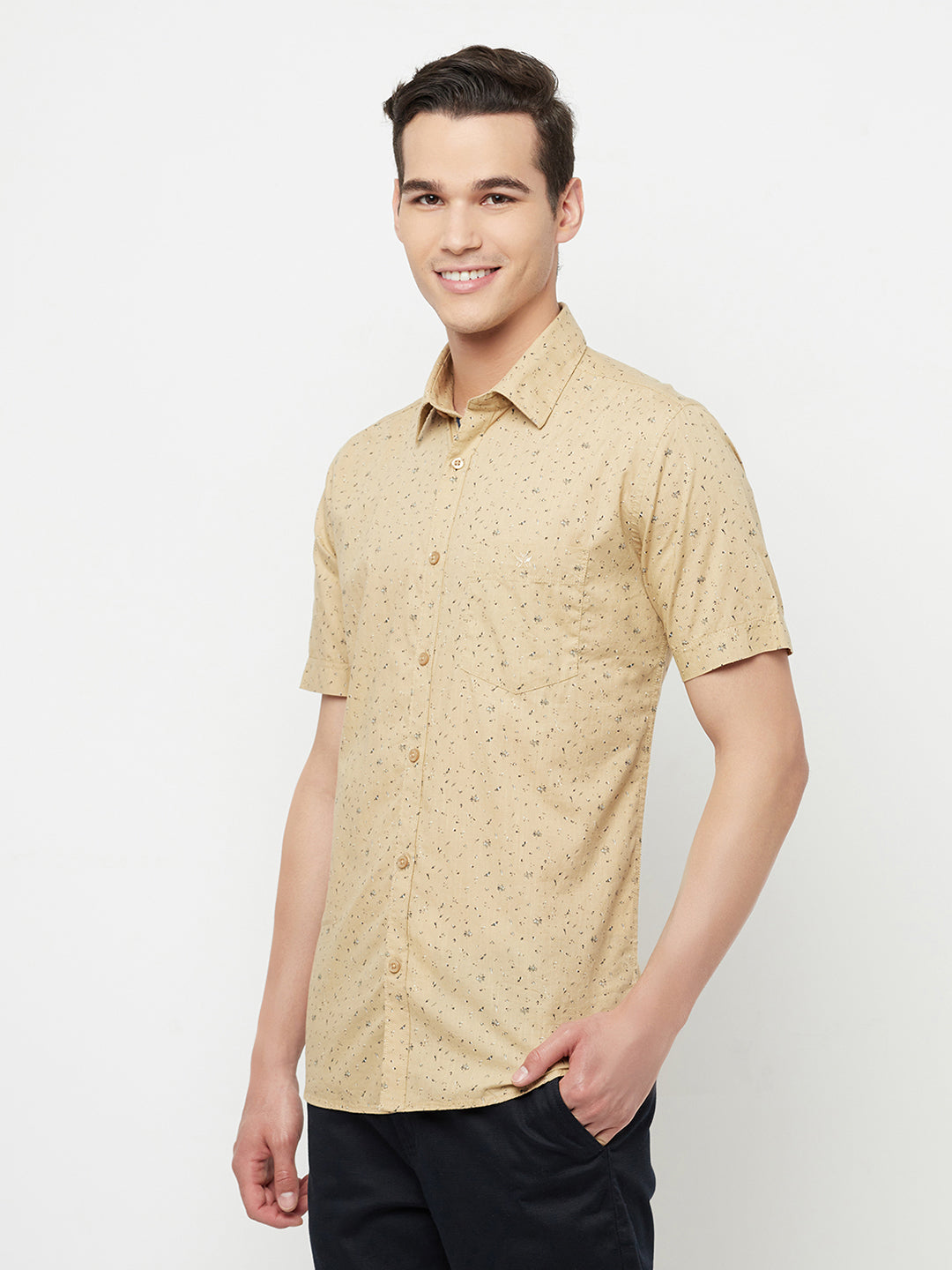 Beige Floral Printed Shirt - Men Shirts