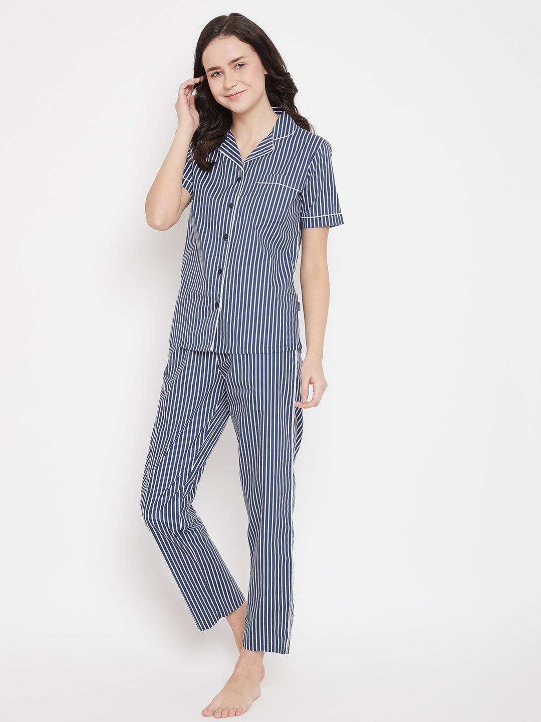 Blue Striped Slim Fit Night Suits - Women Night Suits