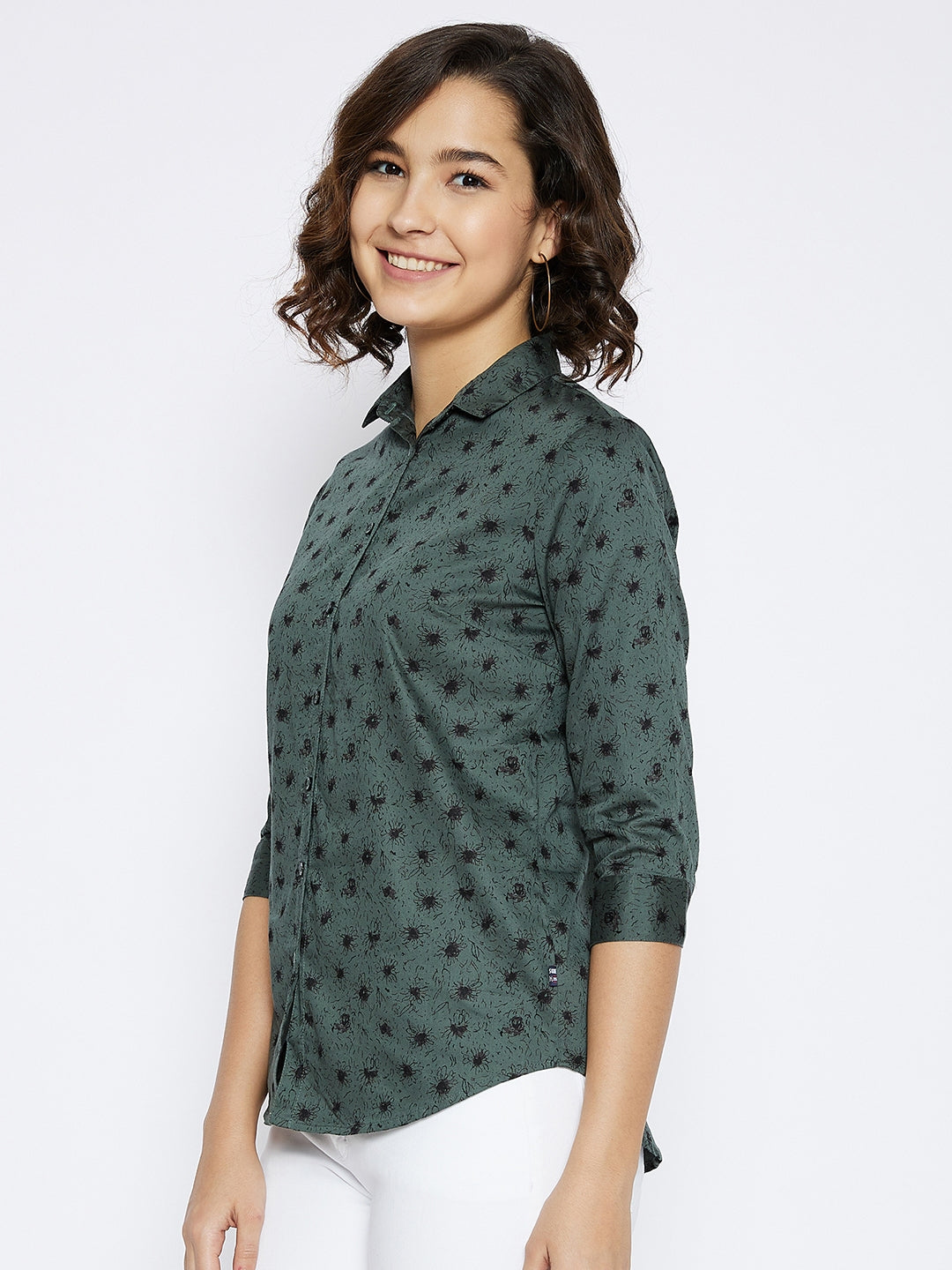 Green Floral Printed Slim Fit shirt - Women Shirts