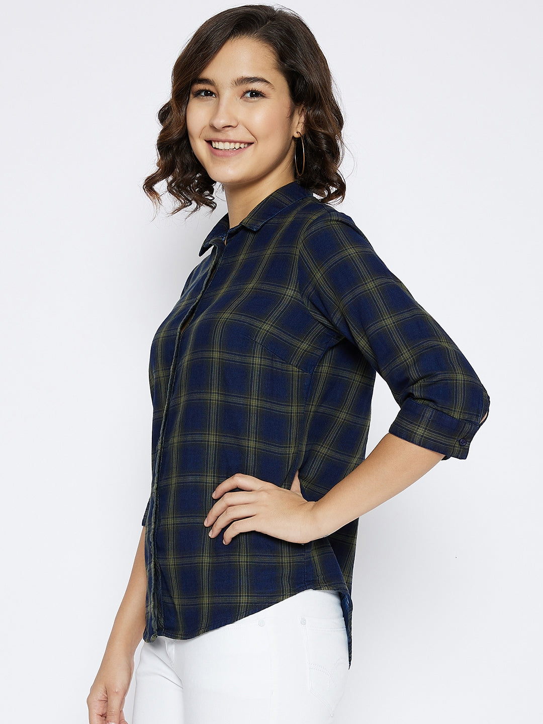 Navy Blue Checked Slim Fit shirt - Women Shirts