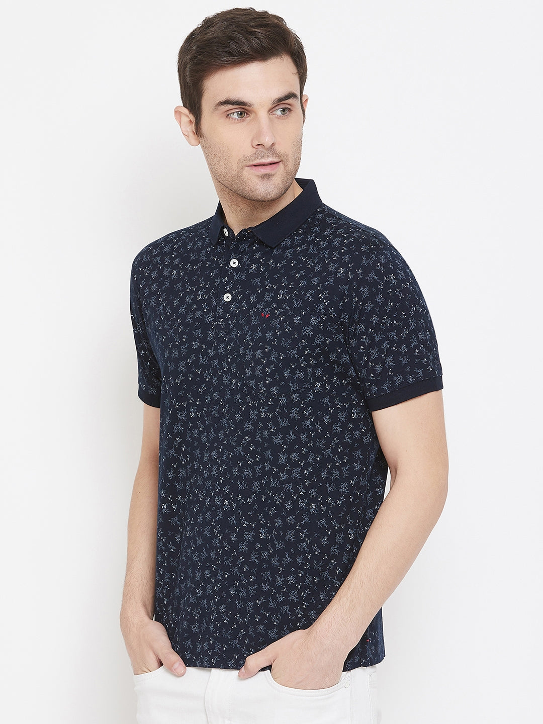 Navy Blue Printed Polo Neck T-Shirt - Men T-Shirts