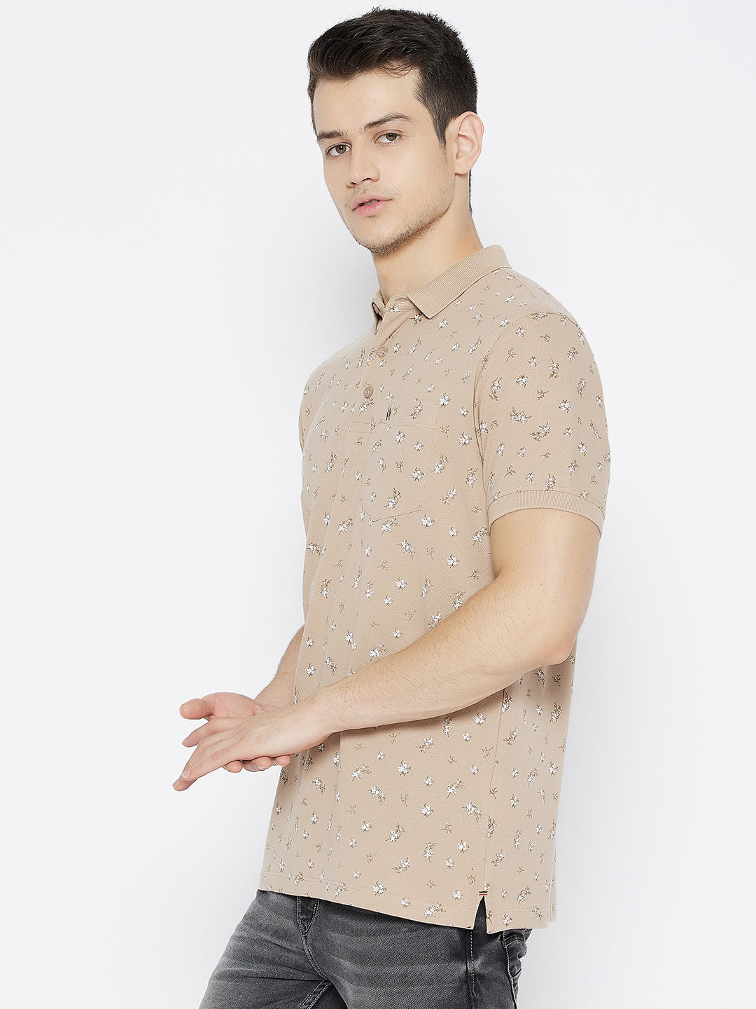 Beige Printed Polo Neck T-shirt - Men T-Shirts