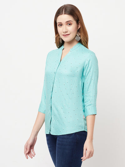 Mint-Green Floral Printed V-Neck Shirt - Women Shirts